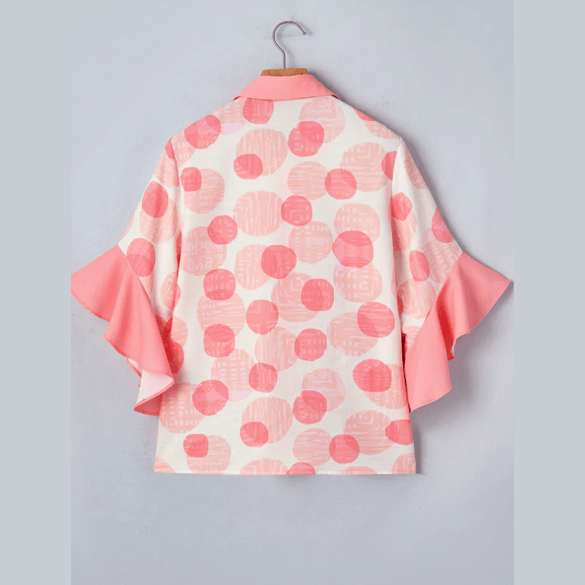 Mallory Pink Double Polka Dot Printed Ruffle Trim Short Sleeve Babydoll Shirt
