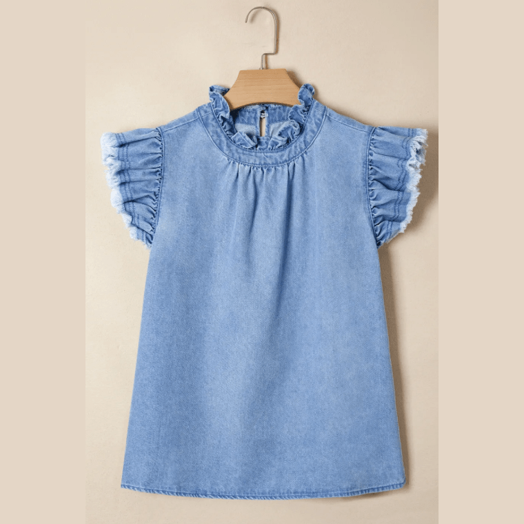 Kera Beau Blue Frilled Collar Flutter Sleeve Denim Top