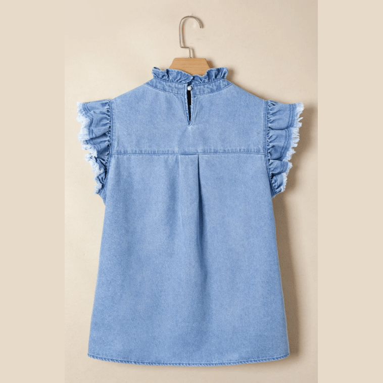 Kera Beau Blue Frilled Collar Flutter Sleeve Denim Top