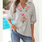 Carey Blue Stripe Floral Embroidered Detail V Neck Short Sleeve Blouse
