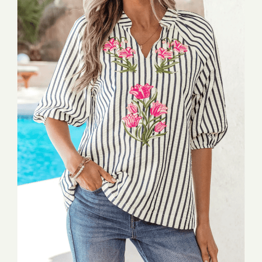 Carey Blue Stripe Floral Embroidered Detail V Neck Short Sleeve Blouse