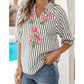 Carey Blue Stripe Floral Embroidered Detail V Neck Short Sleeve Blouse