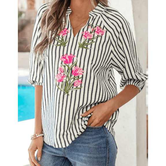 Carey Blue Stripe Floral Embroidered Detail V Neck Short Sleeve Blouse