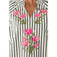 Carey Blue Stripe Floral Embroidered Detail V Neck Short Sleeve Blouse