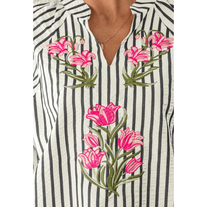 Carey Blue Stripe Floral Embroidered Detail V Neck Short Sleeve Blouse