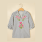 Carey Blue Stripe Floral Embroidered Detail V Neck Short Sleeve Blouse