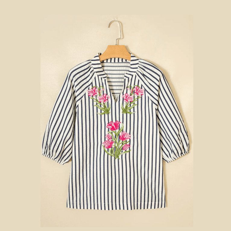 Carey Blue Stripe Floral Embroidered Detail V Neck Short Sleeve Blouse