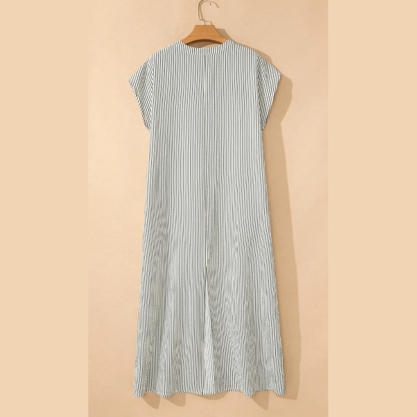 Lorette Black Stripe Frilled Detail Half Buttons Short Sleeve Long Dress