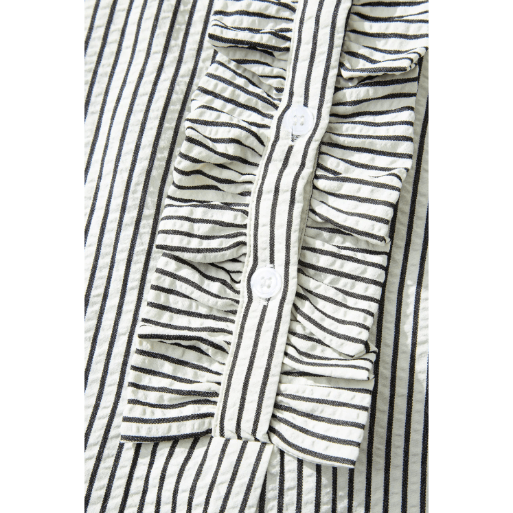 Lorette Black Stripe Frilled Detail Half Buttons Short Sleeve Long Dress