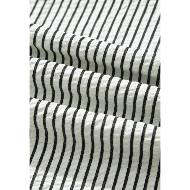 Lorette Black Stripe Frilled Detail Half Buttons Short Sleeve Long Dress