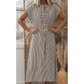 Lorette Black Stripe Frilled Detail Half Buttons Short Sleeve Long Dress