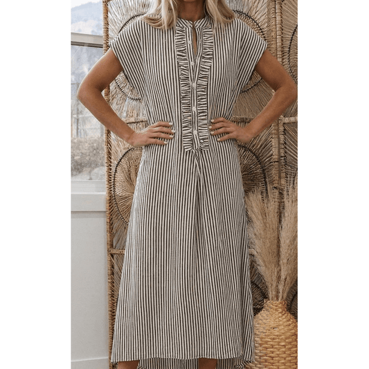 Lorette Black Stripe Frilled Detail Half Buttons Short Sleeve Long Dress