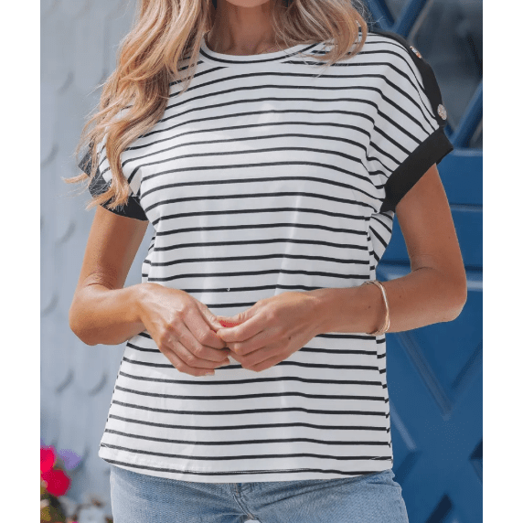 Kelli Black Stripe Cuffed Sleeve Button Detail Loose Tee