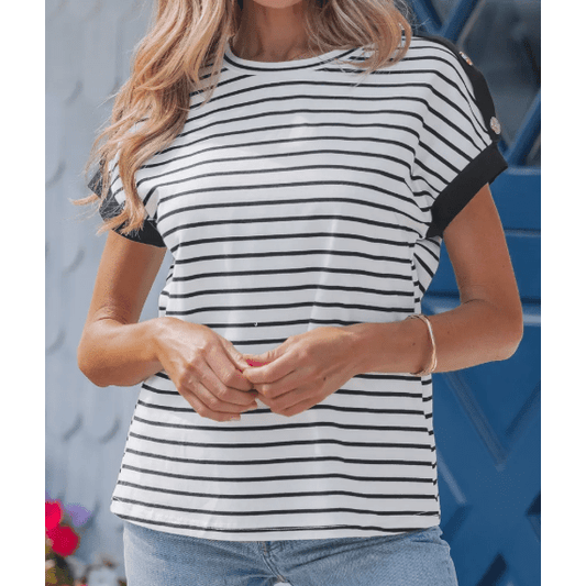 Kelli Black Stripe Cuffed Sleeve Button Detail Loose Tee