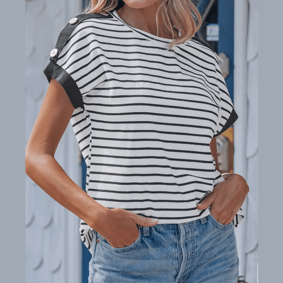 Kelli Black Stripe Cuffed Sleeve Button Detail Loose Tee