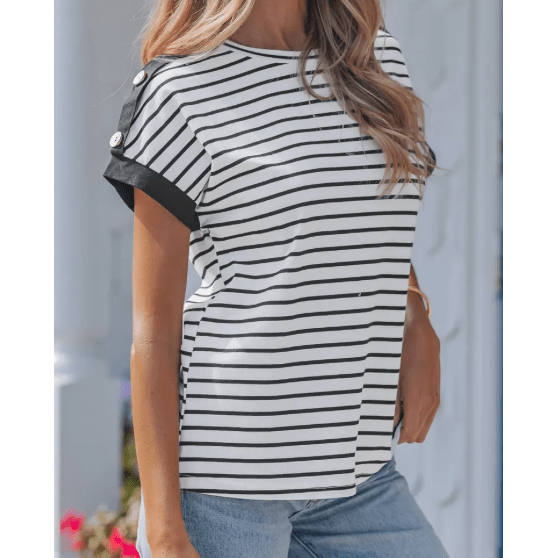 Kelli Black Stripe Cuffed Sleeve Button Detail Loose Tee