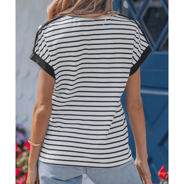 Kelli Black Stripe Cuffed Sleeve Button Detail Loose Tee
