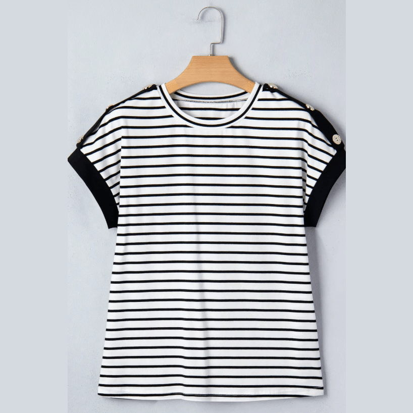Kelli Black Stripe Cuffed Sleeve Button Detail Loose Tee