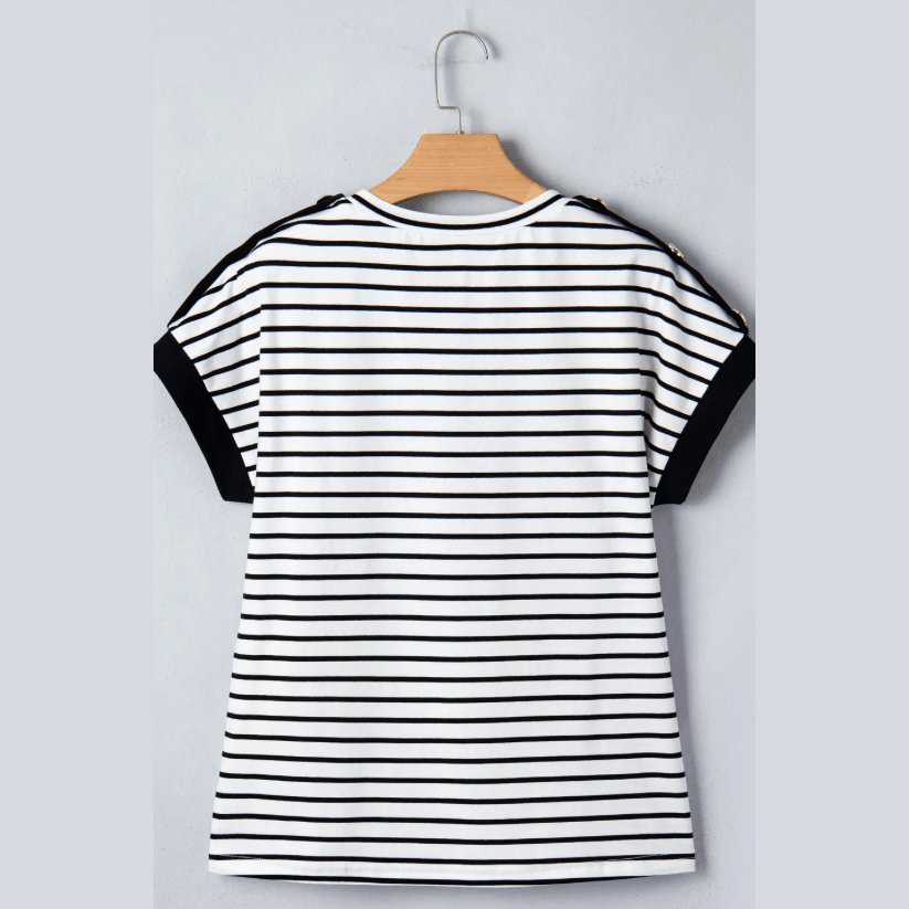 Kelli Black Stripe Cuffed Sleeve Button Detail Loose Tee