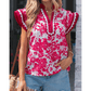 Magsie Red Floral Print Color Block Trim Lace Detail V Neck Flutter Sleeve Blouse