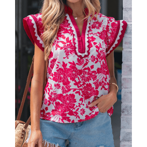 Magsie Red Floral Print Color Block Trim Lace Detail V Neck Flutter Sleeve Blouse