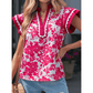 Magsie Red Floral Print Color Block Trim Lace Detail V Neck Flutter Sleeve Blouse