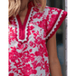Magsie Red Floral Print Color Block Trim Lace Detail V Neck Flutter Sleeve Blouse