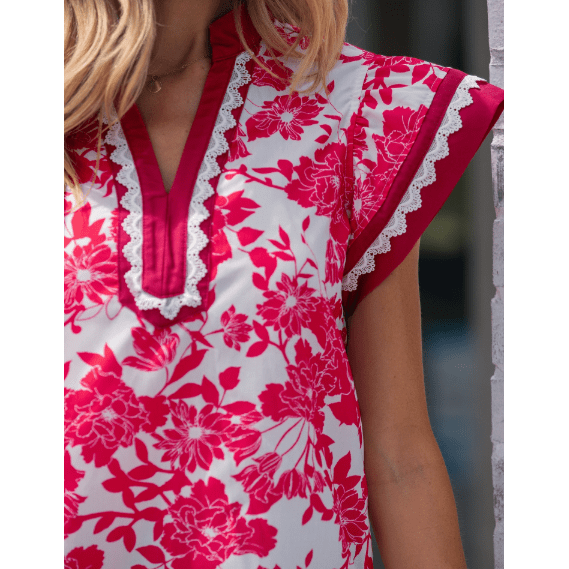 Magsie Red Floral Print Color Block Trim Lace Detail V Neck Flutter Sleeve Blouse