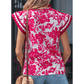 Magsie Red Floral Print Color Block Trim Lace Detail V Neck Flutter Sleeve Blouse