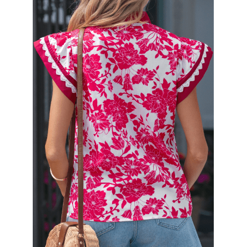 Magsie Red Floral Print Color Block Trim Lace Detail V Neck Flutter Sleeve Blouse