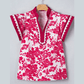 Magsie Red Floral Print Color Block Trim Lace Detail V Neck Flutter Sleeve Blouse