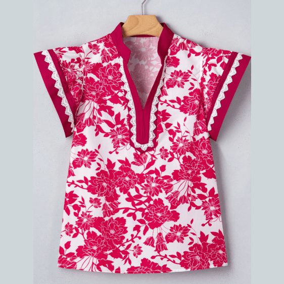 Magsie Red Floral Print Color Block Trim Lace Detail V Neck Flutter Sleeve Blouse