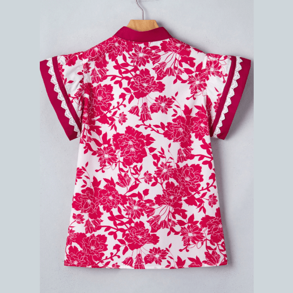 Magsie Red Floral Print Color Block Trim Lace Detail V Neck Flutter Sleeve Blouse