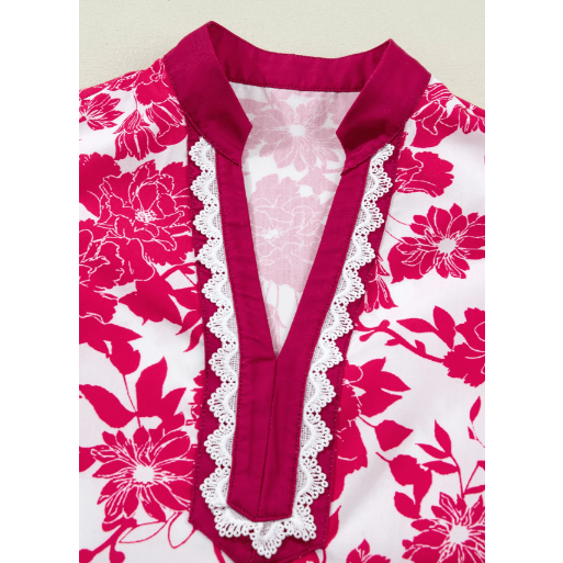 Magsie Red Floral Print Color Block Trim Lace Detail V Neck Flutter Sleeve Blouse