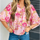 Cheza Pink Floral Print Tie Neck Puffy Half Sleeve Blouse