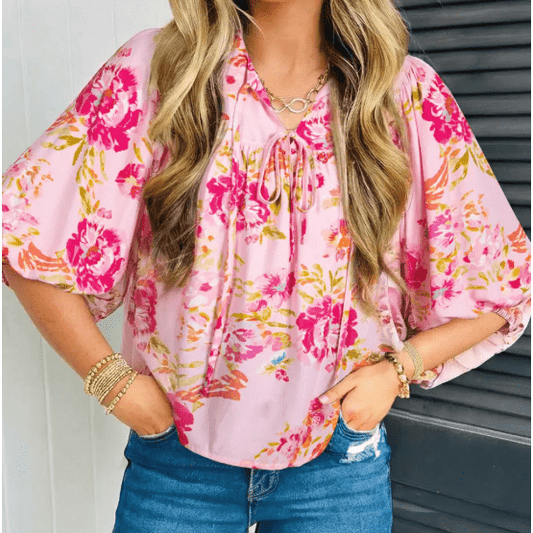 Cheza Pink Floral Print Tie Neck Puffy Half Sleeve Blouse