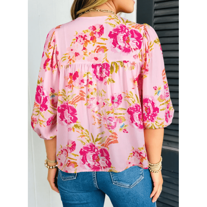 Cheza Pink Floral Print Tie Neck Puffy Half Sleeve Blouse