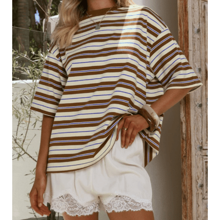 Shayla Brown Stripe Casual Oversized Tee