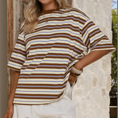Shayla Brown Stripe Casual Oversized Tee
