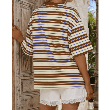 Shayla Brown Stripe Casual Oversized Tee