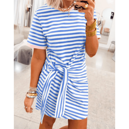 Elliana Sky Blue Stripe Nautical Tie Contrast Trim Round Neck T Shirt Mini Dress