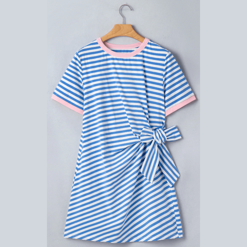 Elliana Sky Blue Stripe Nautical Tie Contrast Trim Round Neck T Shirt Mini Dress