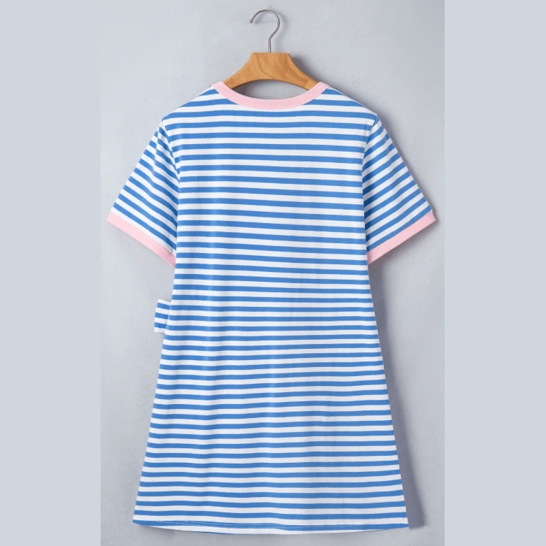 Elliana Sky Blue Stripe Nautical Tie Contrast Trim Round Neck T Shirt Mini Dress