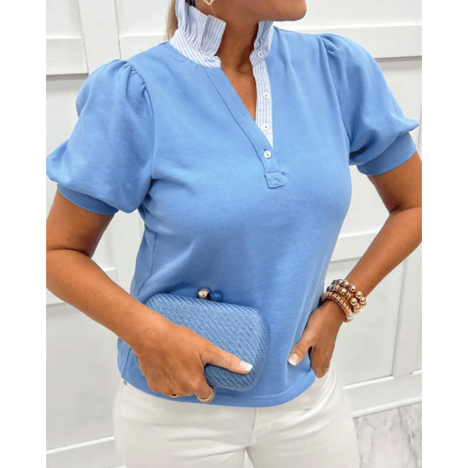 Brinnon Sky Blue Striped Frilled Collar Short Sleeve Blouse