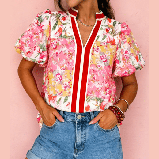 Nicole Pink Contrast Collared V Neck Short Sleeve Floral Blouse