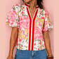 Nicole Pink Contrast Collared V Neck Short Sleeve Floral Blouse