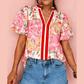 Nicole Pink Contrast Collared V Neck Short Sleeve Floral Blouse