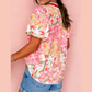 Nicole Pink Contrast Collared V Neck Short Sleeve Floral Blouse