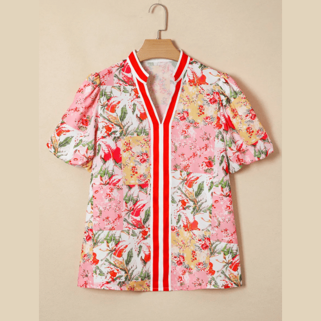 Nicole Pink Contrast Collared V Neck Short Sleeve Floral Blouse