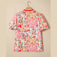 Nicole Pink Contrast Collared V Neck Short Sleeve Floral Blouse